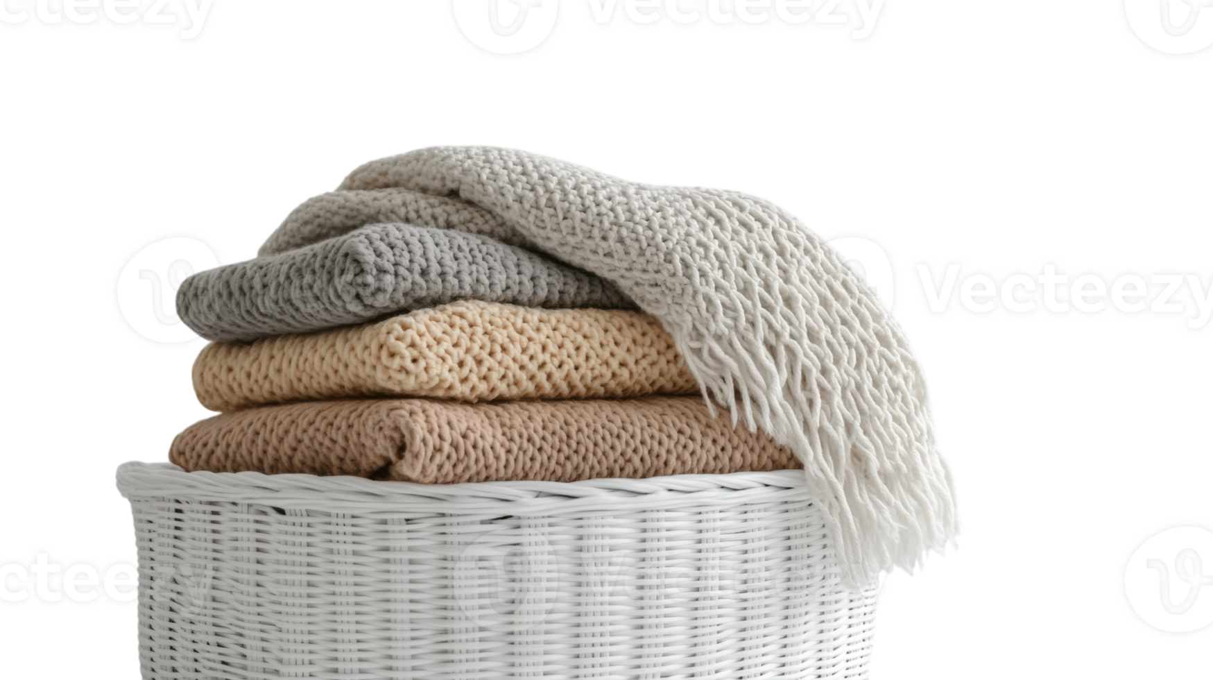 A stack of blankets in a white basket png