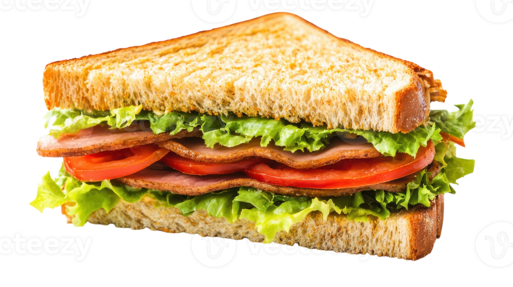 Savory sandwich with layers of ham, lettuce, and tomato served on whole grain bread png