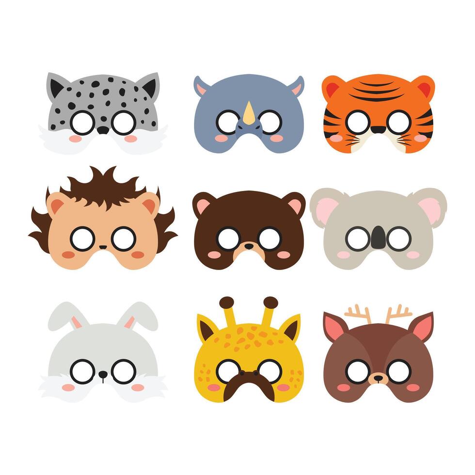 Set Cute Animal Face Mask Flat Design Cartoon Icon Illustration vector