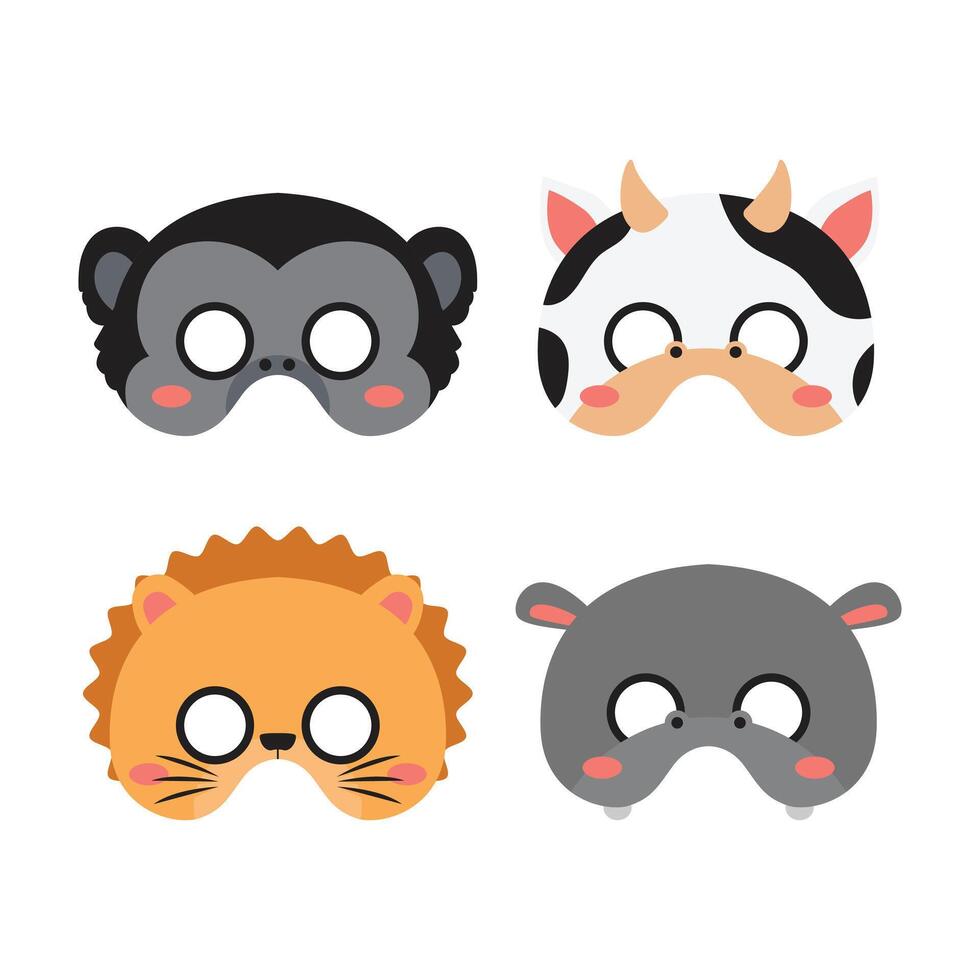 Set Cute Animal Mask Flat Design Cartoon Icon Illustration vector