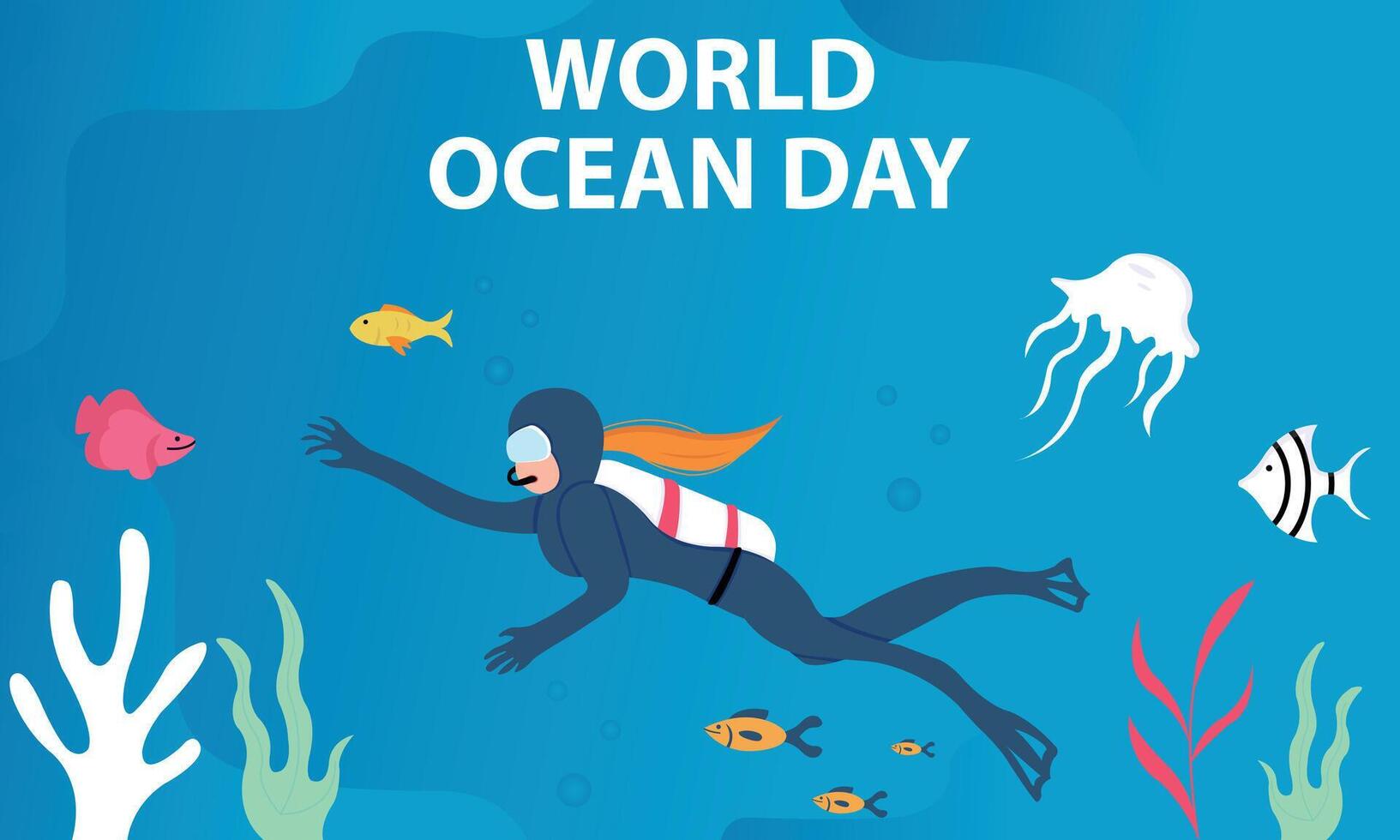 illustration graphic of a woman is diving on the seabed, showing marine life, perfect for international day, world ocean day, celebrate, greeting card, etc. vector