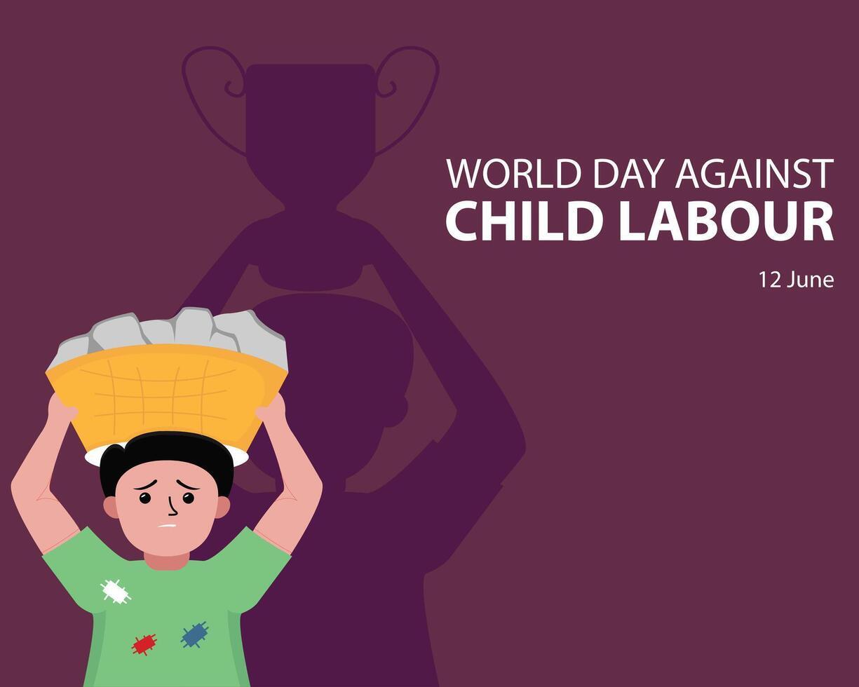 illustration graphic of a child lifting a basket filled with stones, showing the shadow of the child lifting a trophy, perfect for international day, world day against child labor, celebrate. vector