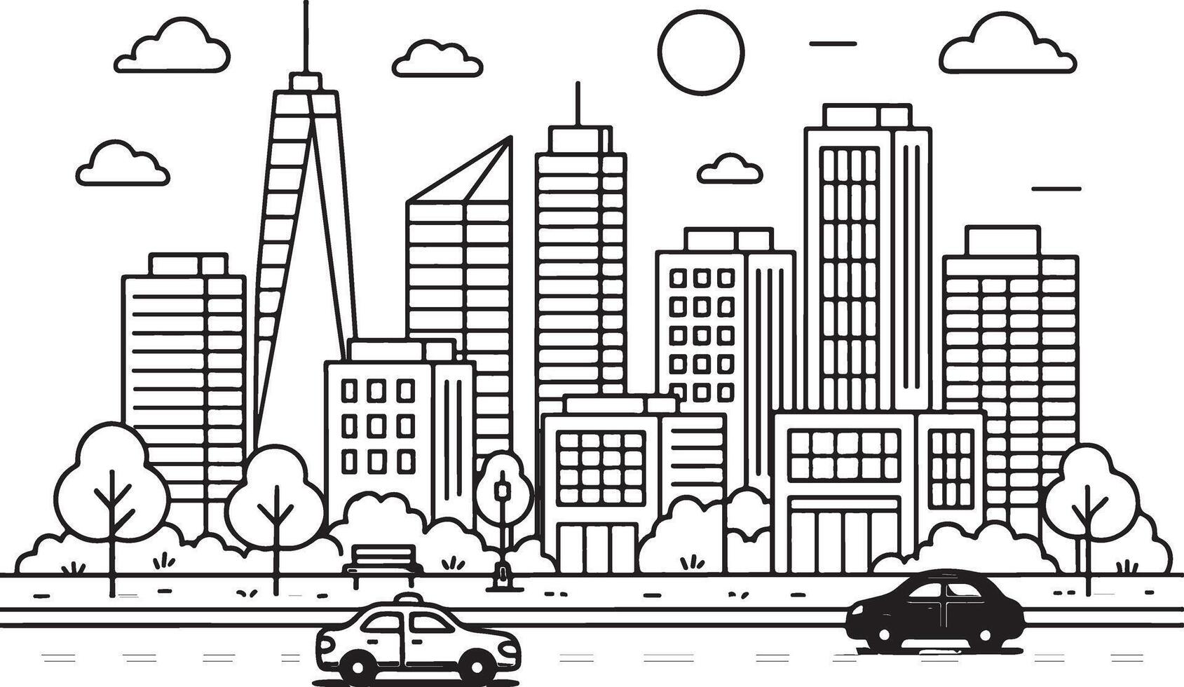 Cityscape with cars and buildings on the road vector