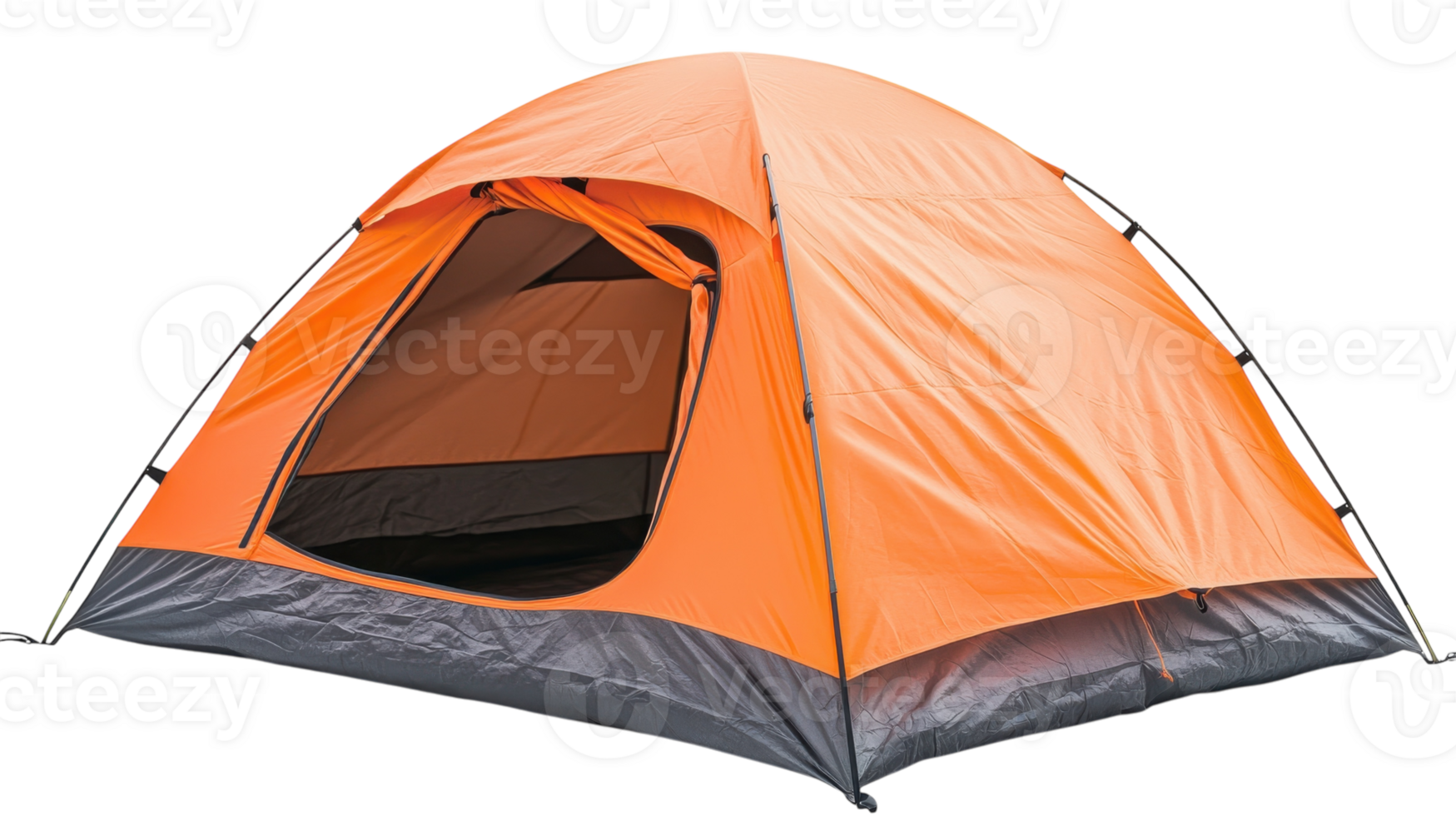 Bright orange camping tent pitched in a serene outdoor location set against a clear blue sky during daytime png