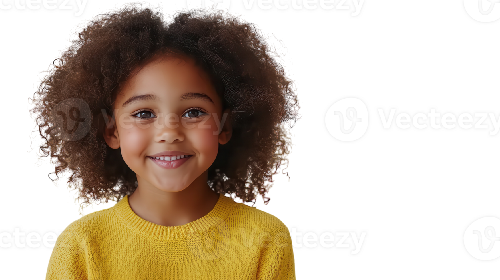 Happy child with curly hair wearing yellow sweater smiles warmly at the camera in a bright, cheerful setting with soft lighting png