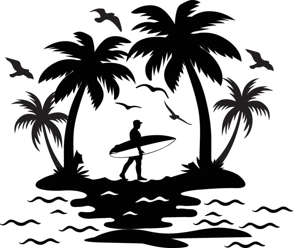 sunset on the beach with palm trees and birds vector