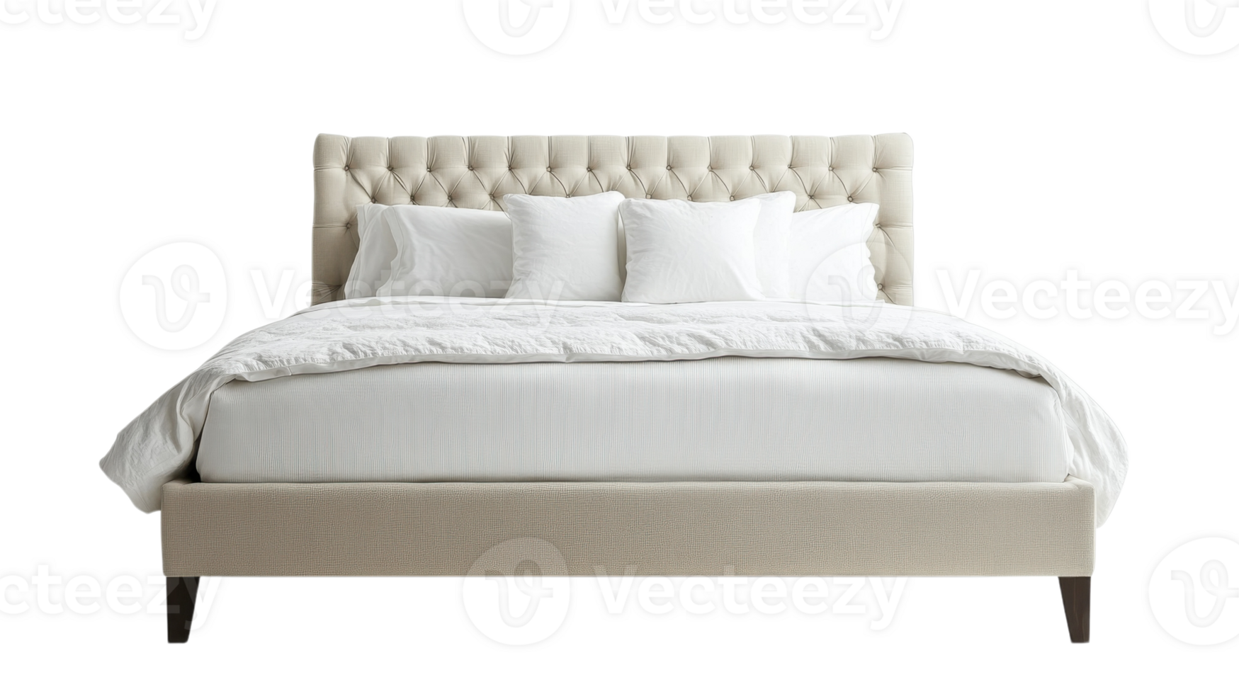 Elegant tufted bed frame with white bedding and pillows in a minimalist setting, perfect for a modern bedroom design png