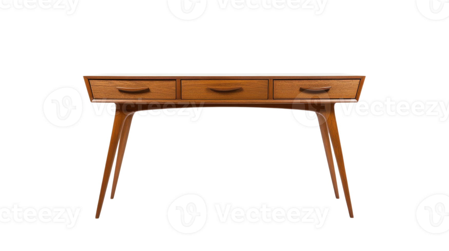 Mid-century modern wooden desk with three drawers showcased in a minimalist style png