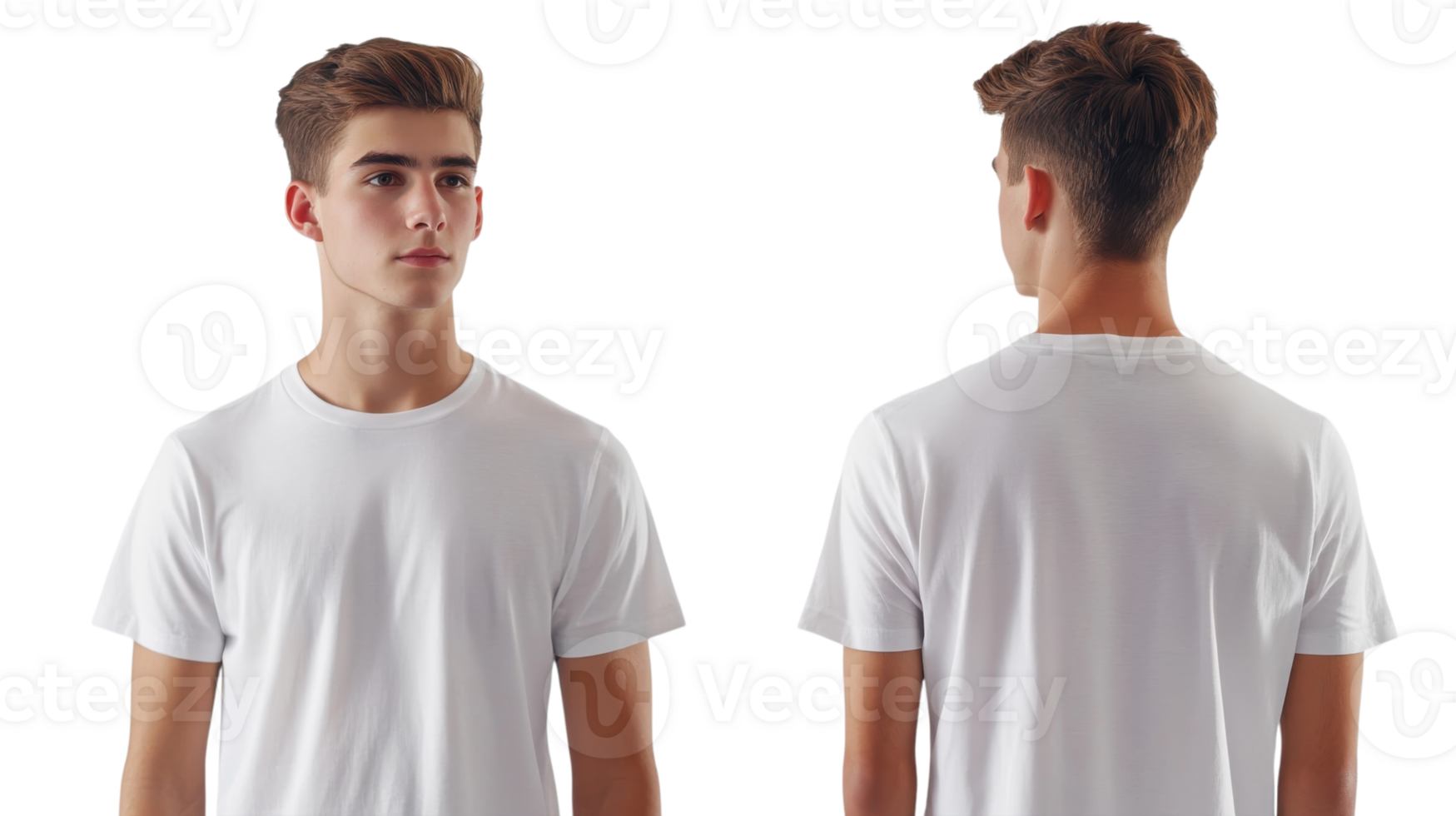 Model showcasing a plain white t-shirt from different angles in a studio setting during daylight png