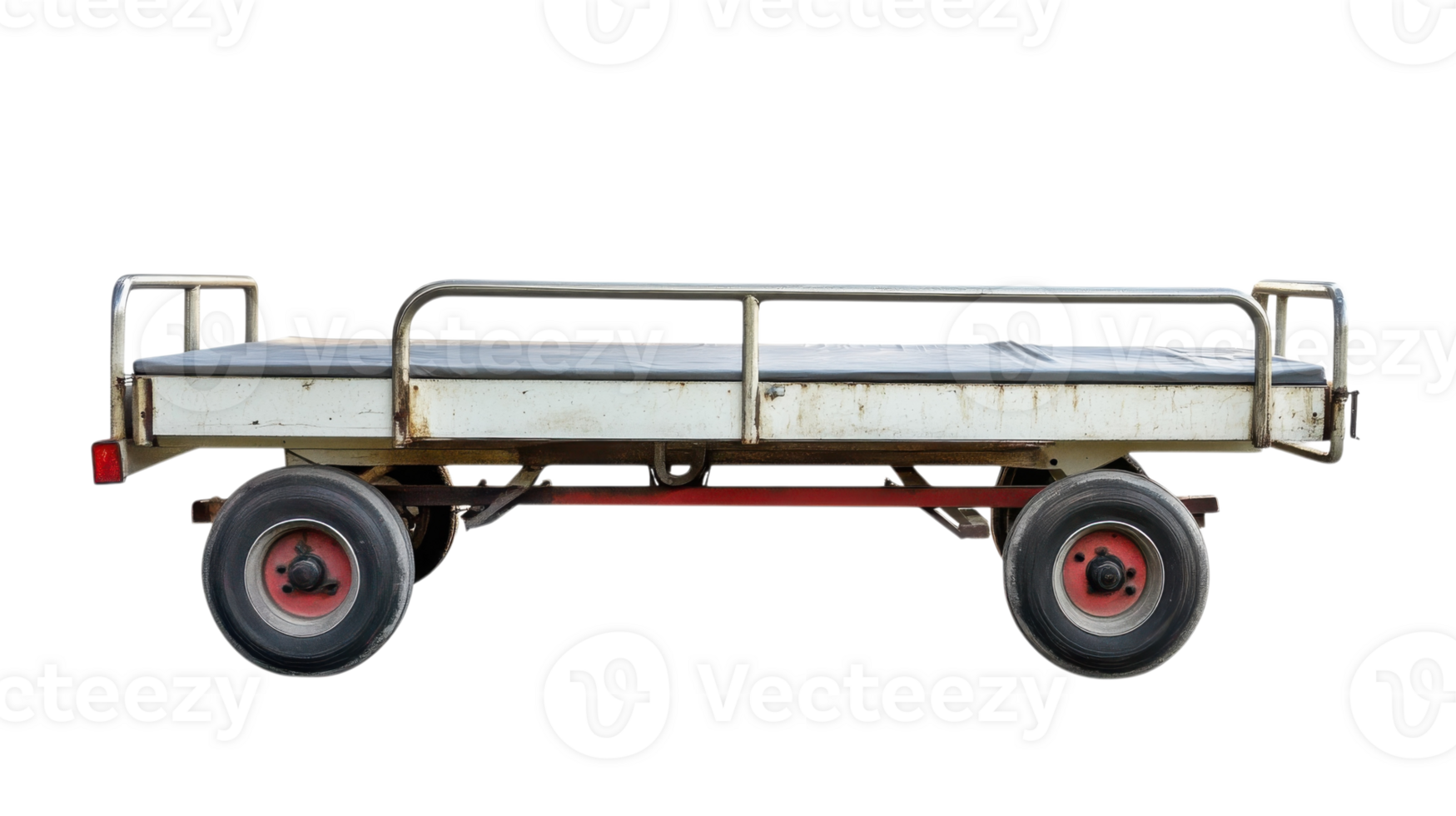 Rusty flatbed cart stands isolated against a clean background, showcasing its utilitarian design and sturdy wheels for transportation tasks png