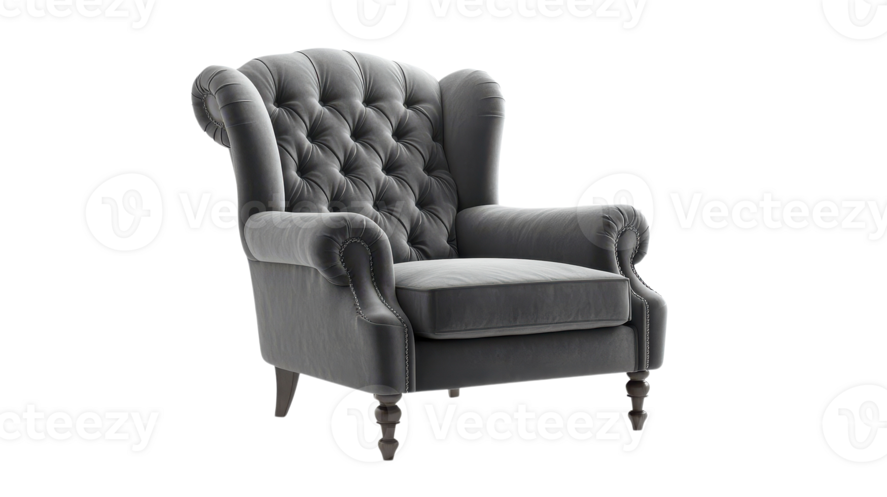 Elegant grey tufted armchair in a modern living space designed for comfort and style png