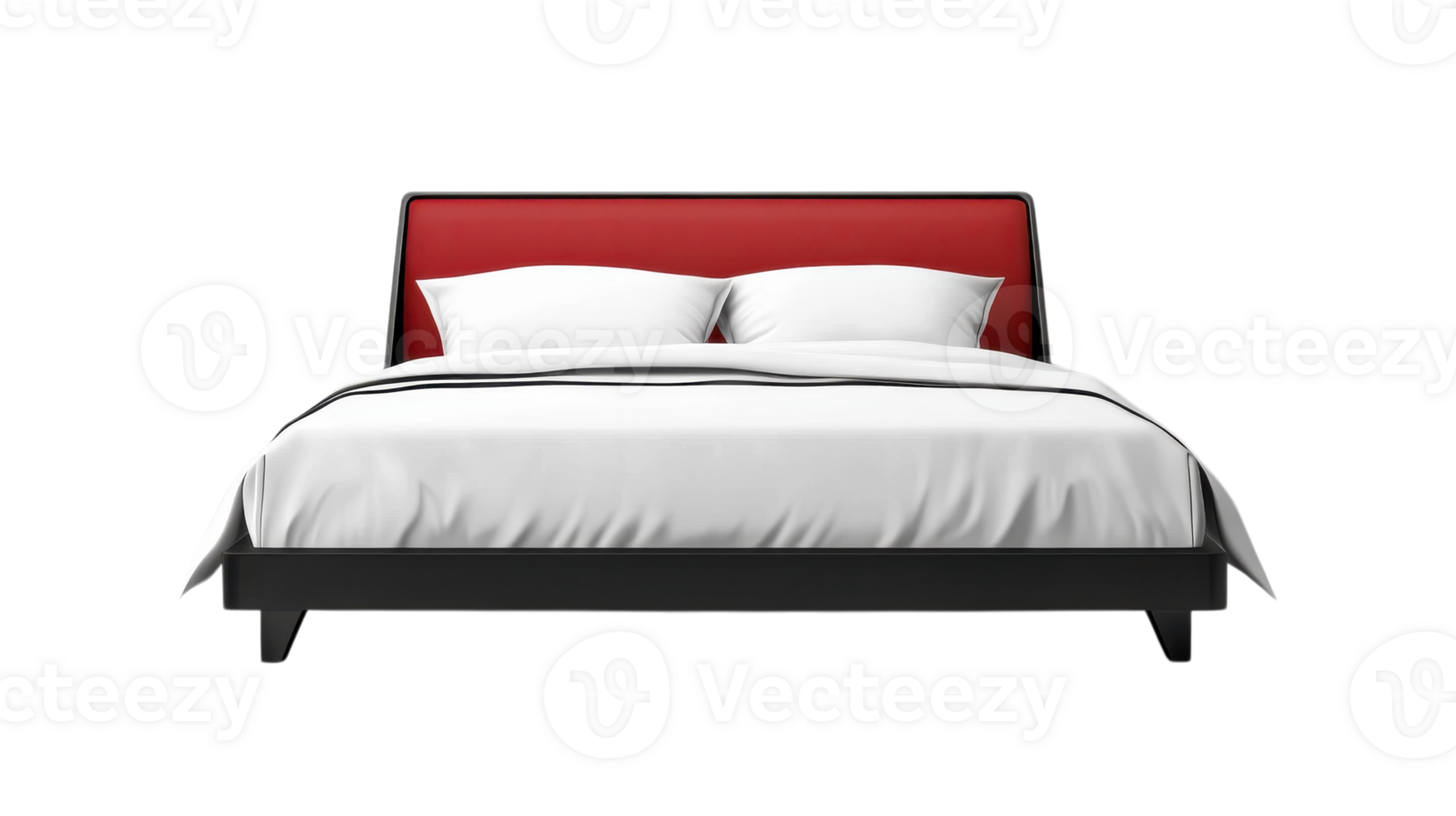 Modern bed design featuring a sleek black frame with red headboard and crisp white linens in a minimalist style png