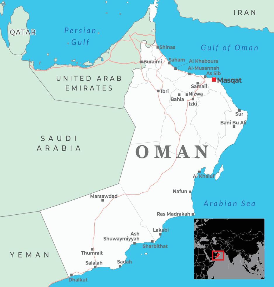 A detailed map of Oman, highlighting its governorates, major cities, and neighboring countries vector