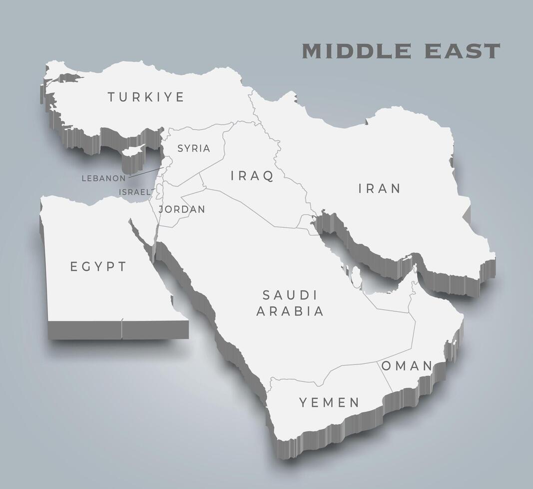 A 3D map of the Middle East, featuring topography, borders, major cities, and countries like Saudi Arabia, UAE, Iran, Iraq, Syria, Jordan, Egypt, Turkey, and Israel vector