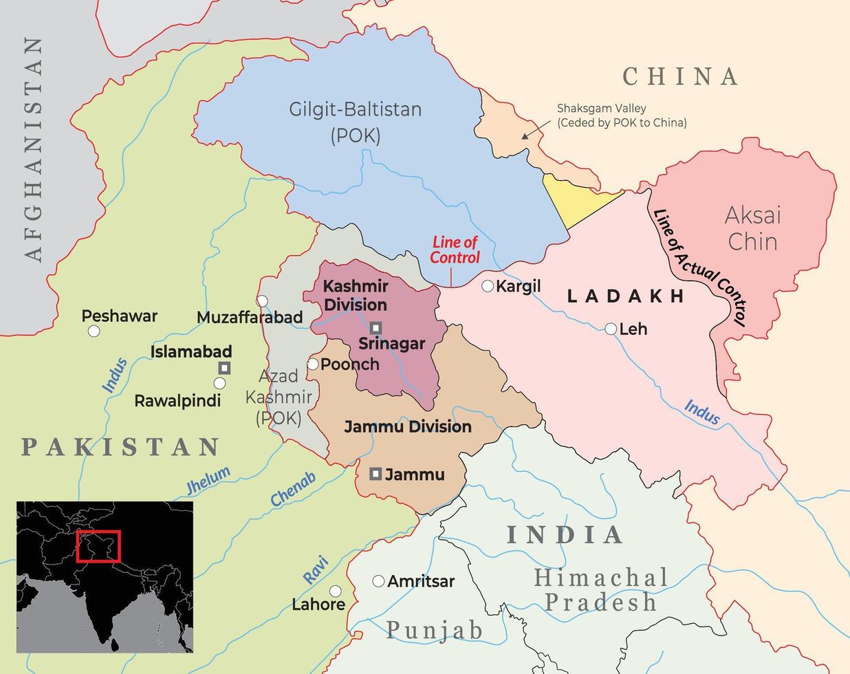 Detailed map of Jammu and Kashmir, highlighting its division, major cities and neighboring contries vector