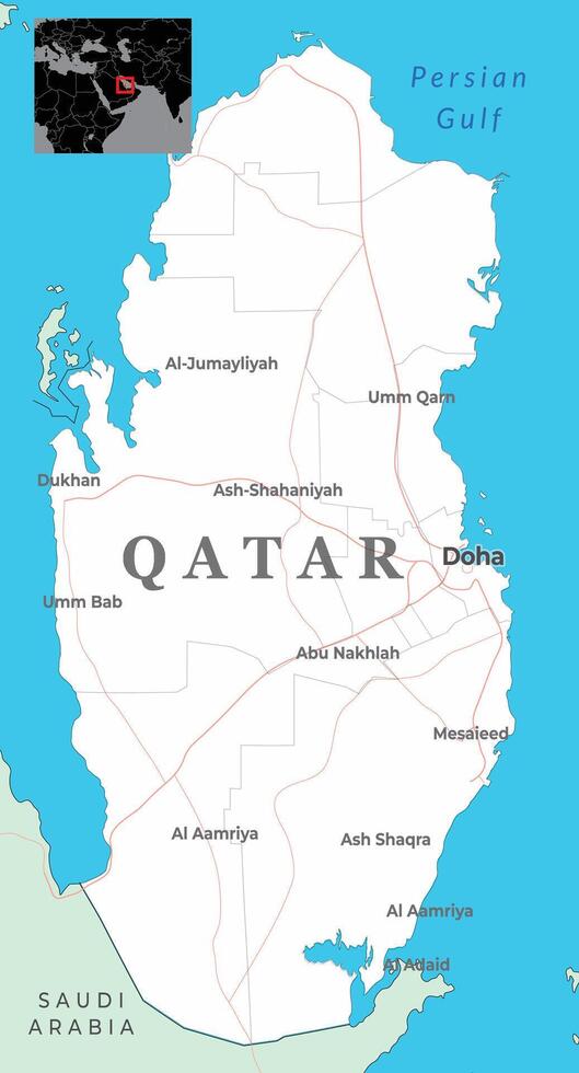 A detailed map of Qatar, highlighting its cities, regions, and neighboring countries vector