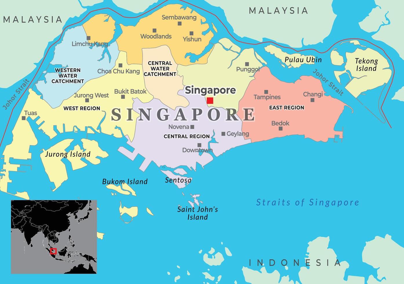 A detailed map of Singapore, highlighting its borders, major cities, and neighboring countries, including Malaysia and Indonesia vector