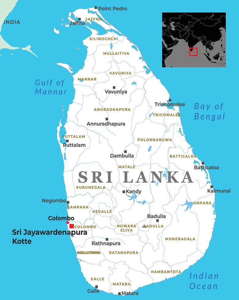 A detailed map of Sri Lanka, highlighting its geographical features, major cities, and surrounding bodies of water vector
