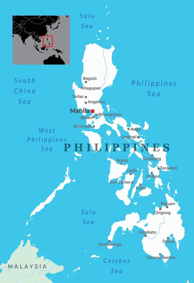 A detailed map of the Philippines, highlighting its islands, major cities, and neighboring countries vector