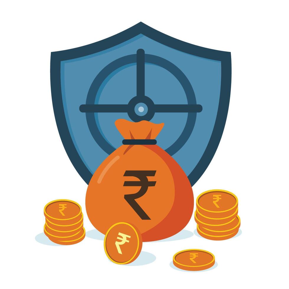 Rupee bag secured by a shield or vault door, with scattered coins outside, symbolising strong financial security and protection vector