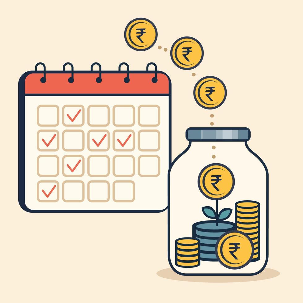 A calendar with coins falling into a jar monthly, symbolising SIP and systematic investing for wealth growth vector