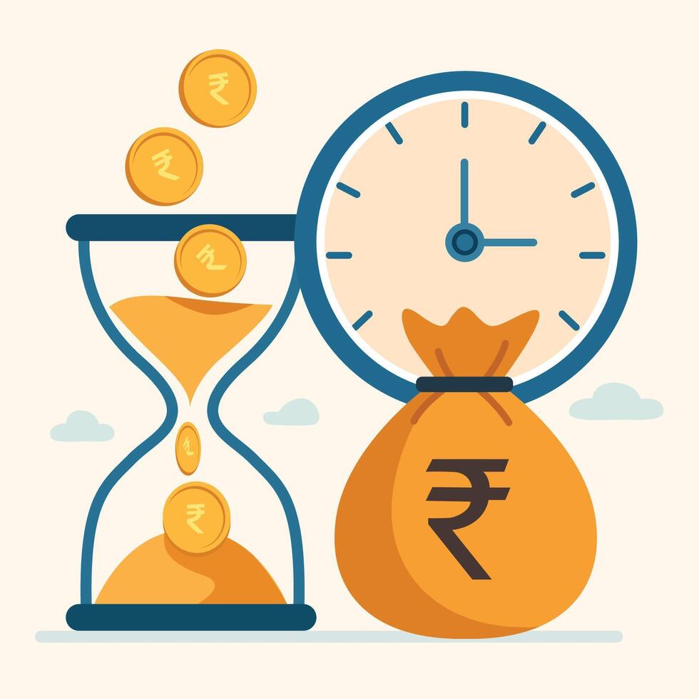 A rupee bag sits beside a large clock or hourglass, with coins dropping over time, symbolising the importance of saving and financial growth vector