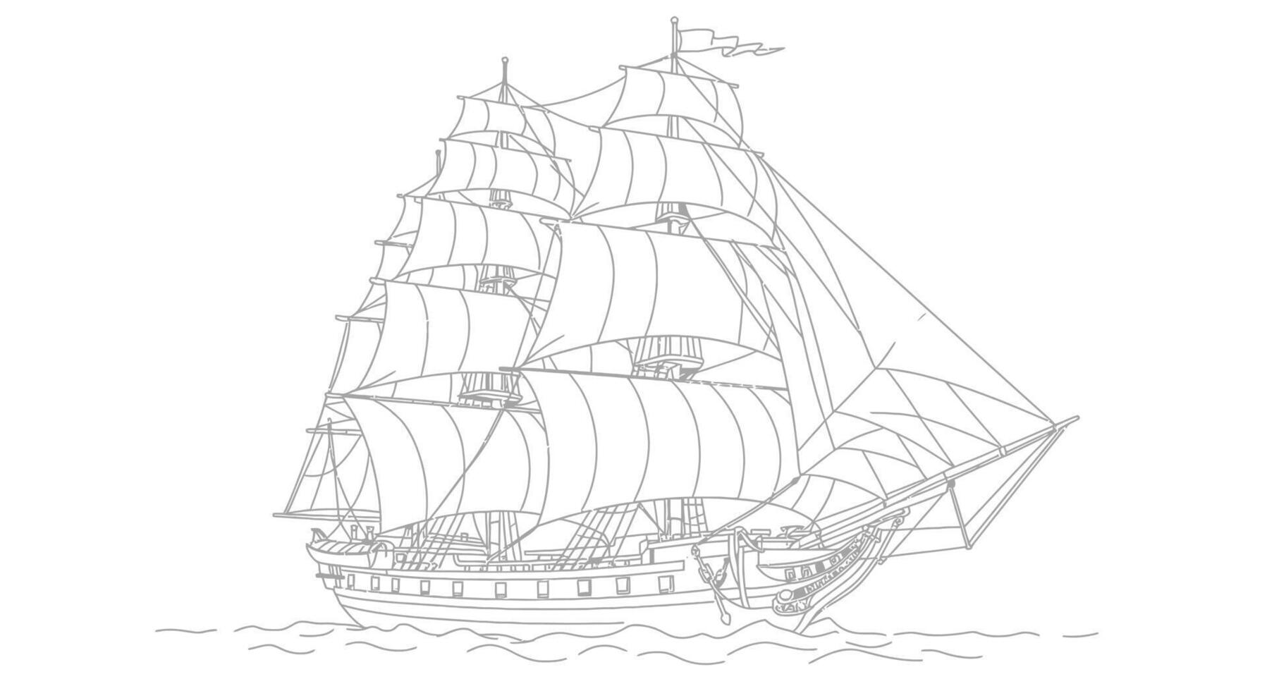 Kids Coloring Page Featuring a Historical Clipper Ship with Full Sails Illustration Outline vector