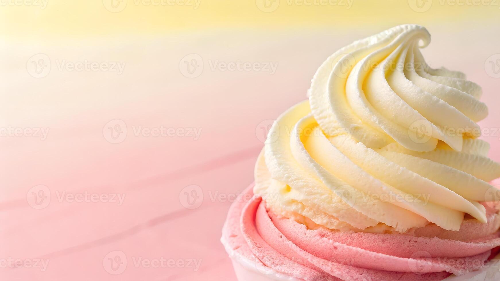 Delicious ice cream swirl in pink and white, topped with creamy frosting, presented in a cup against a soft pastel background, evoking a sense of indulgence and sweetness photo