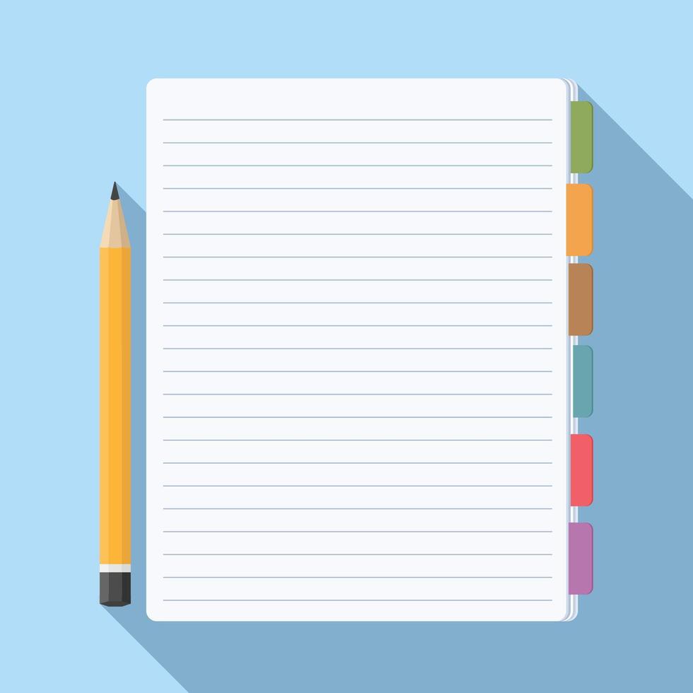 Notepad with bookmarks and pencil, flat design with long shadow vector