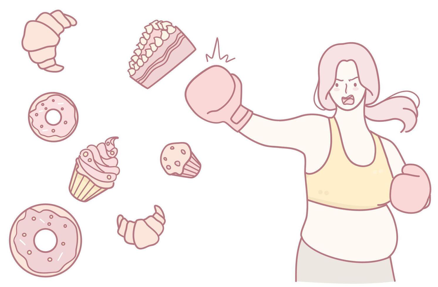 An Empowered Woman Boxing, Surrounded by Tempting Sweets, Embodies Strength and Determination vector