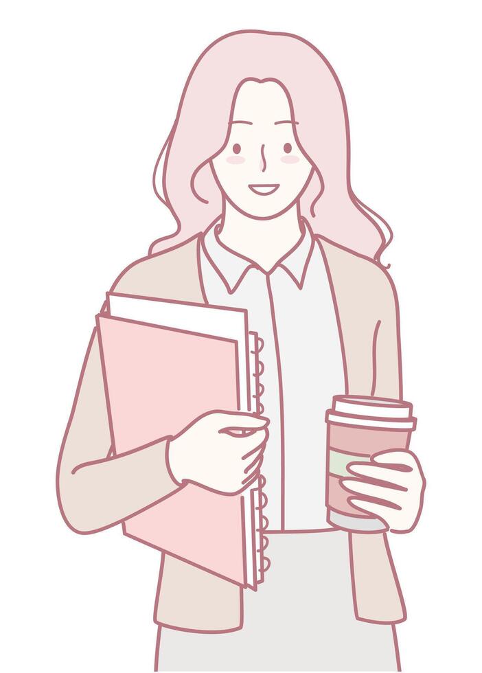 A Confident, Professional Woman Holding Important Business Files While Enjoying a Cup of Coffee vector