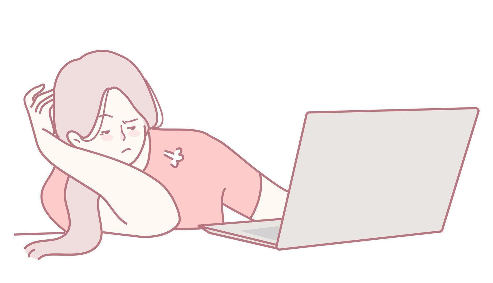 A Bored Young Woman Working on Her Laptop While Experiencing Various Emotions and Thoughts vector
