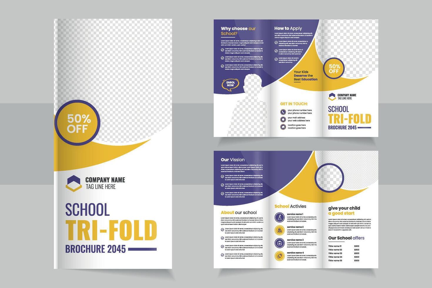 Customizable TriFold Brochure Design for Educational Institutions Featuring Promotional Elements and Vibrant Colors vector