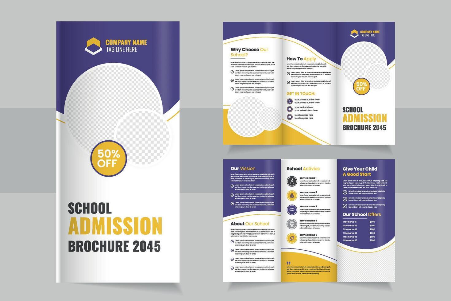 School Admission trifold Brochure Design Featuring Discount Offer and Editable Layout for Easy Customization vector