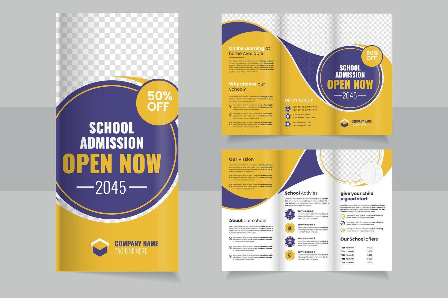 School Admission trifold brochure, Open Now Discount for 2045 Enrollment and Online Learning Options Available vector