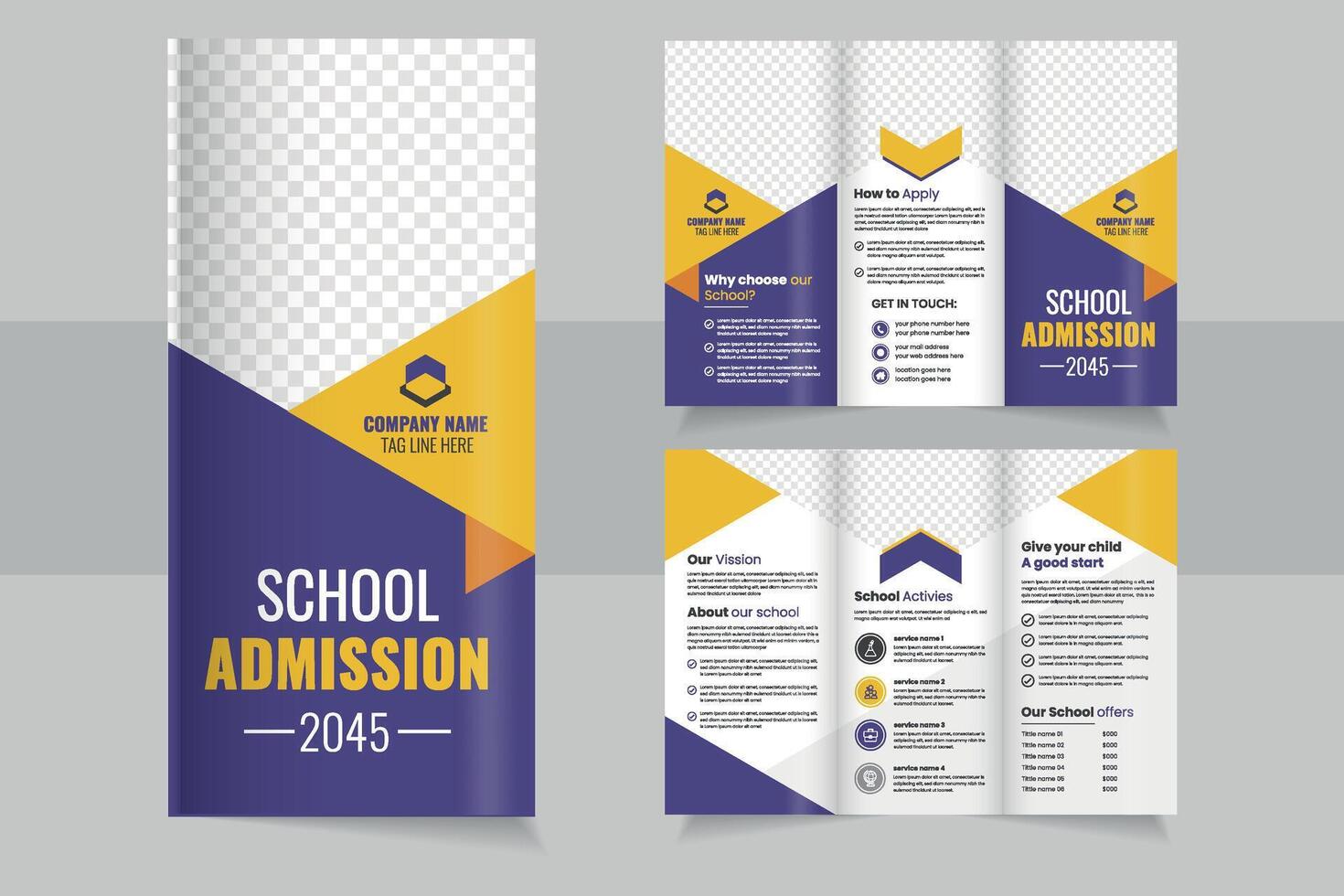 trifold Brochure Design for School Admission Process in 2045 Featuring Vibrant Colors and Clear Layout vector