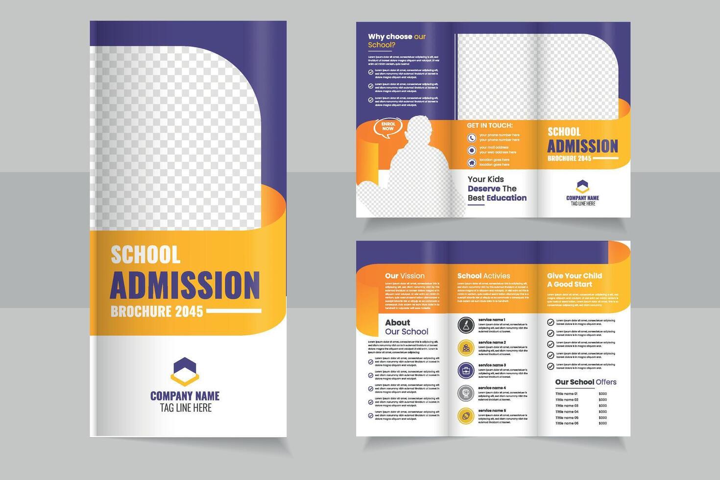 School Admission trifold Brochure 2045 Showcasing Engaging Design and Informative Layout for Prospective Students and Parents vector