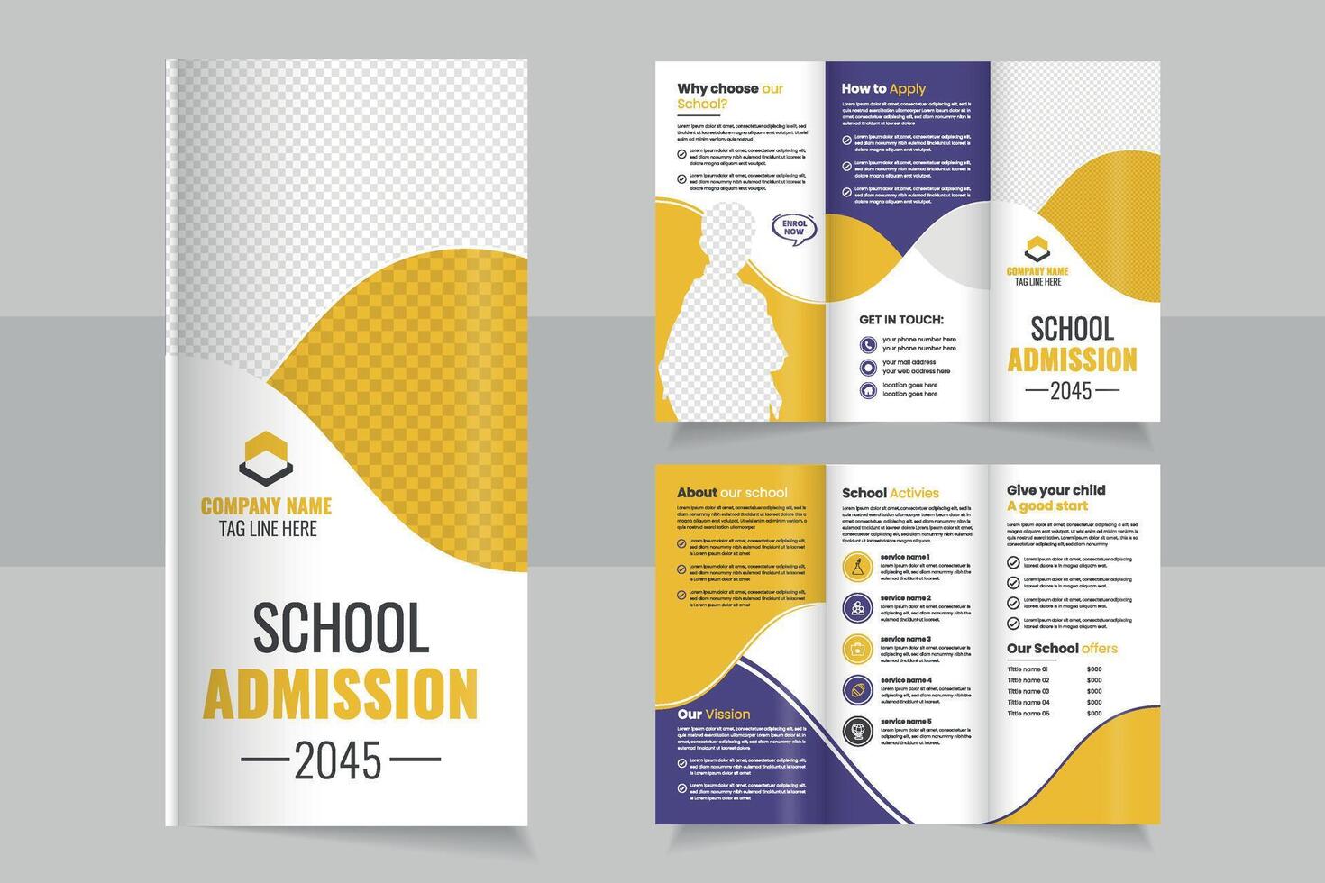 School Admission trifold Brochure Design Featuring Bold Colors and Informative Layout for 2045 Enrollment vector