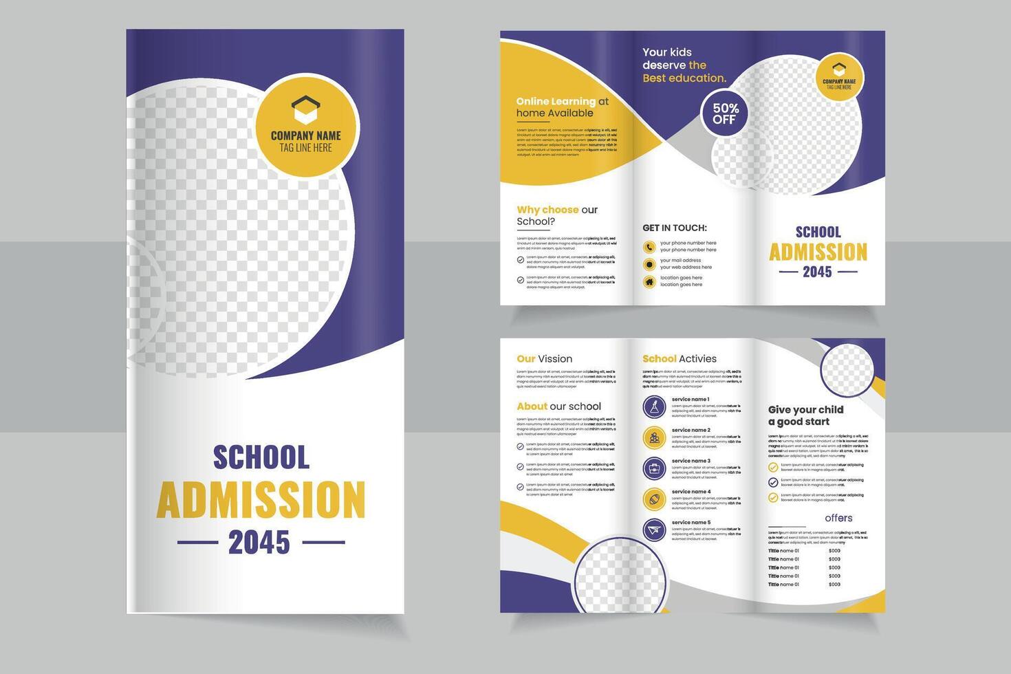 School Admission trifold Brochure for 2045 With Online Enrollment Details and Promotional Offer vector