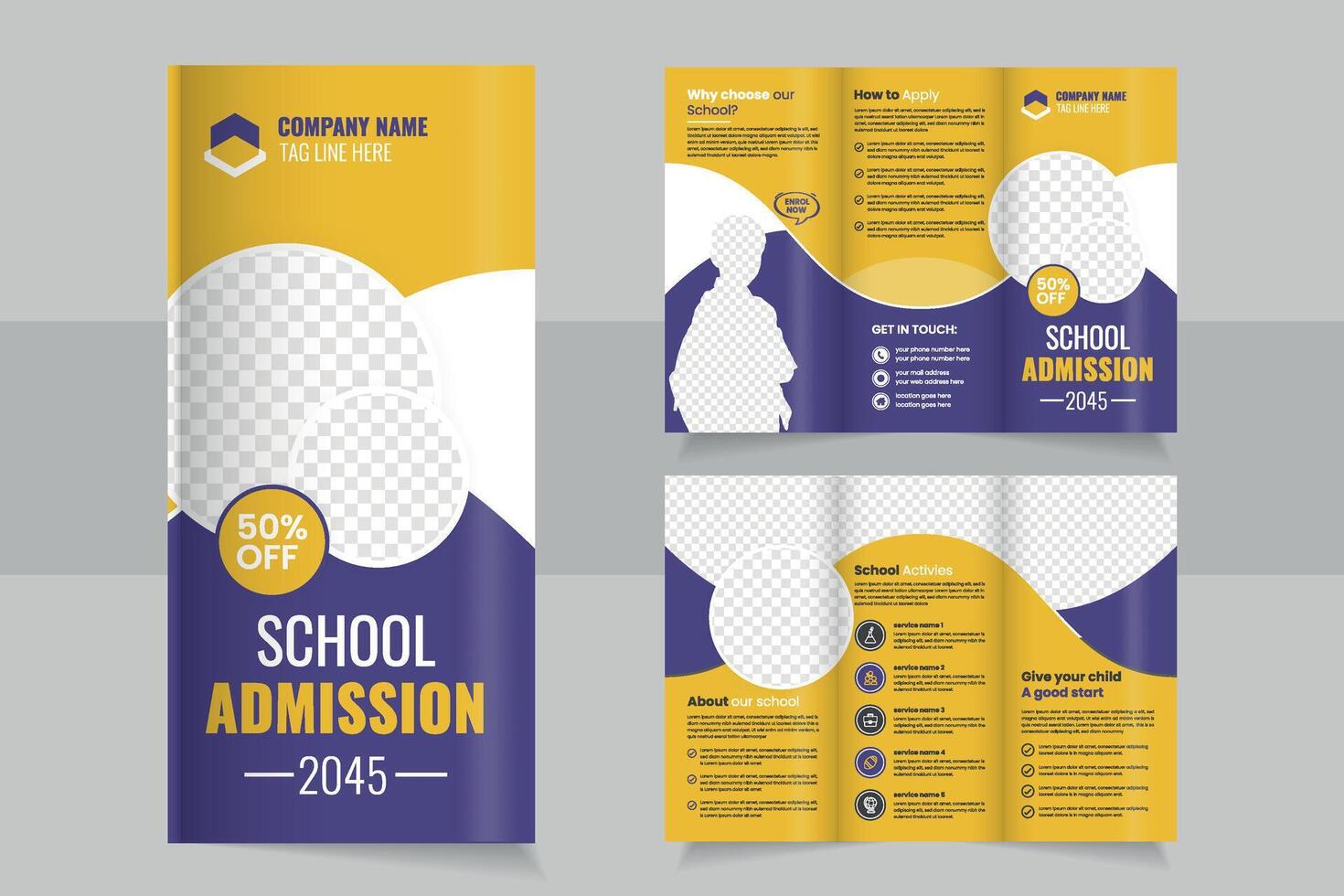 Trifold Brochure Showcasing School Admission Details With Editable Design for 2045 Featuring a Promotional Discount vector