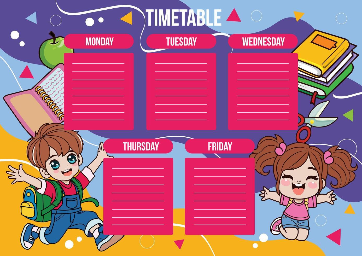school time table with happy boy and girl vector