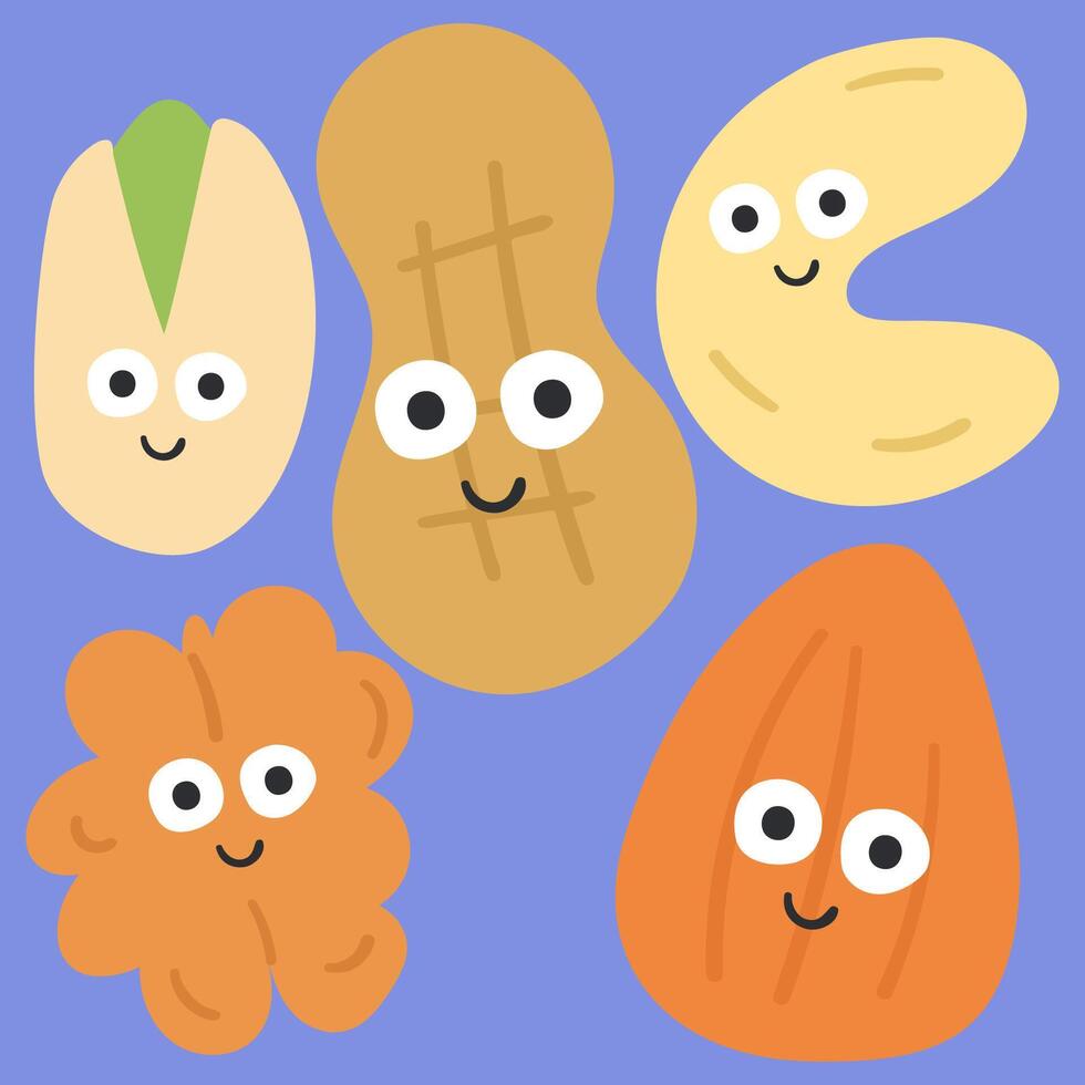 Nuts. Cute characters. Funny food design. Hand drawn illustration on purple background. vector
