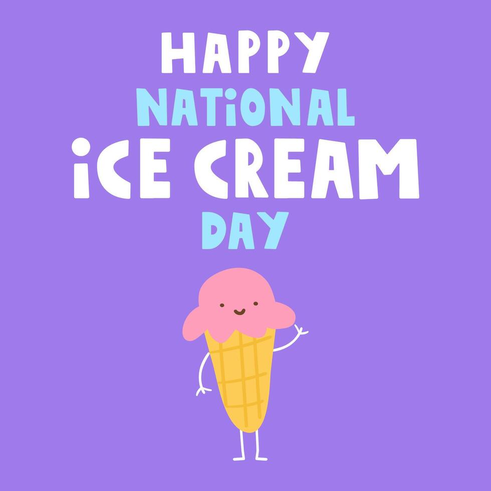 Happy national ice cream day. Cute character vanilla ice cream. Flat design illustration on pink background. vector