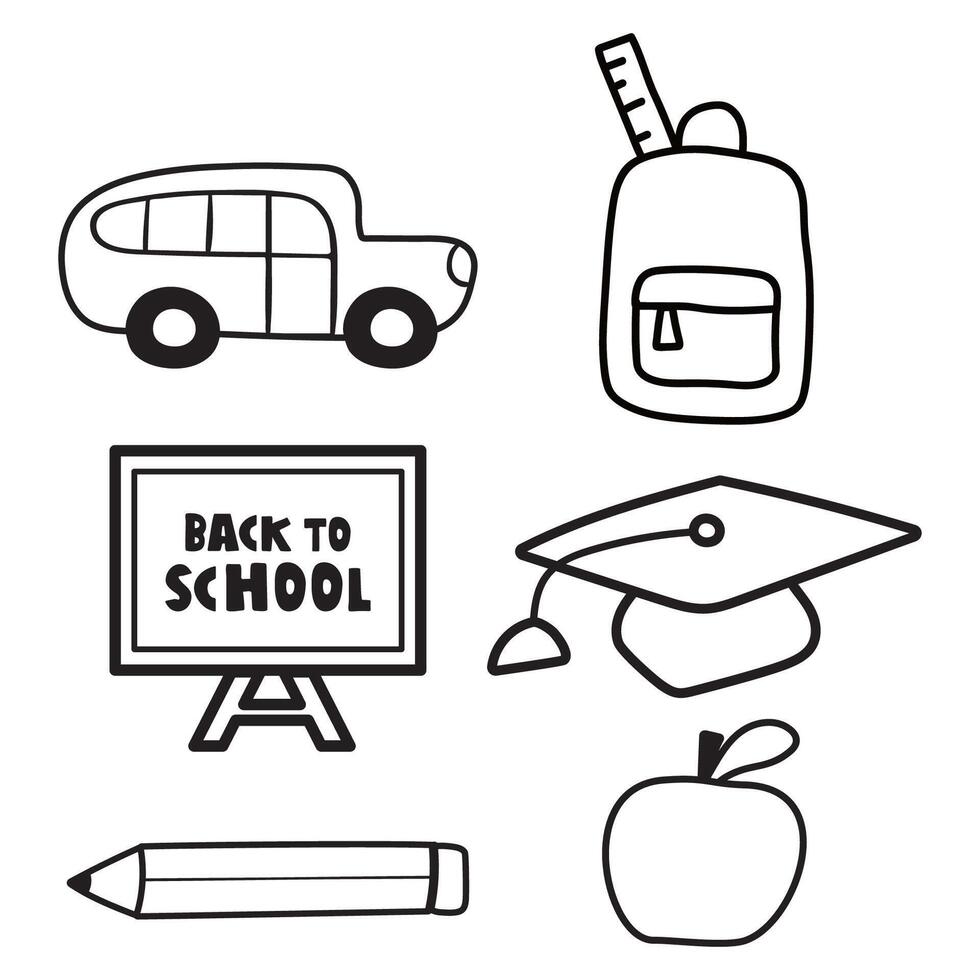 Set of outline elements. Back to school. School bus, backpack, blackboard, student cap, pencil, ruler, apple. illustrations. Isolated icons. vector