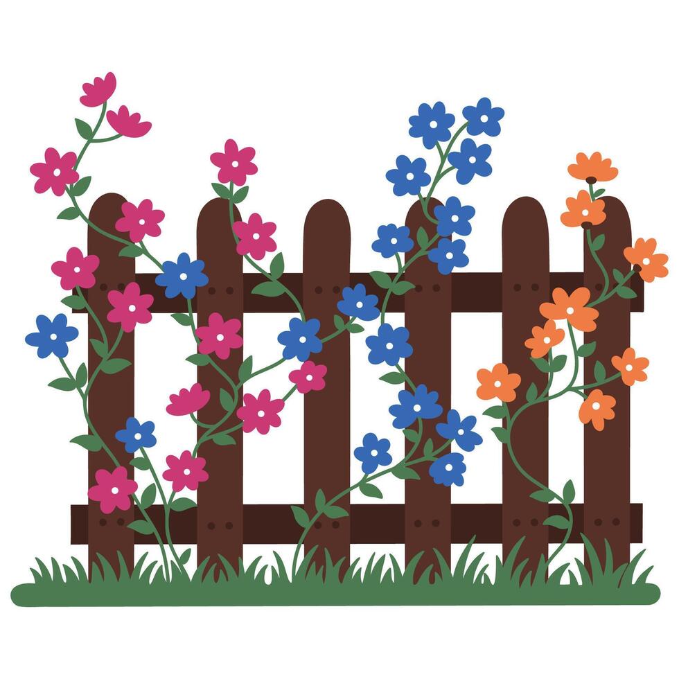 Vibrant floral fence illustration offers rustic charm, providing versatile floral elements. Use for garden, spring, floral design projects today vector