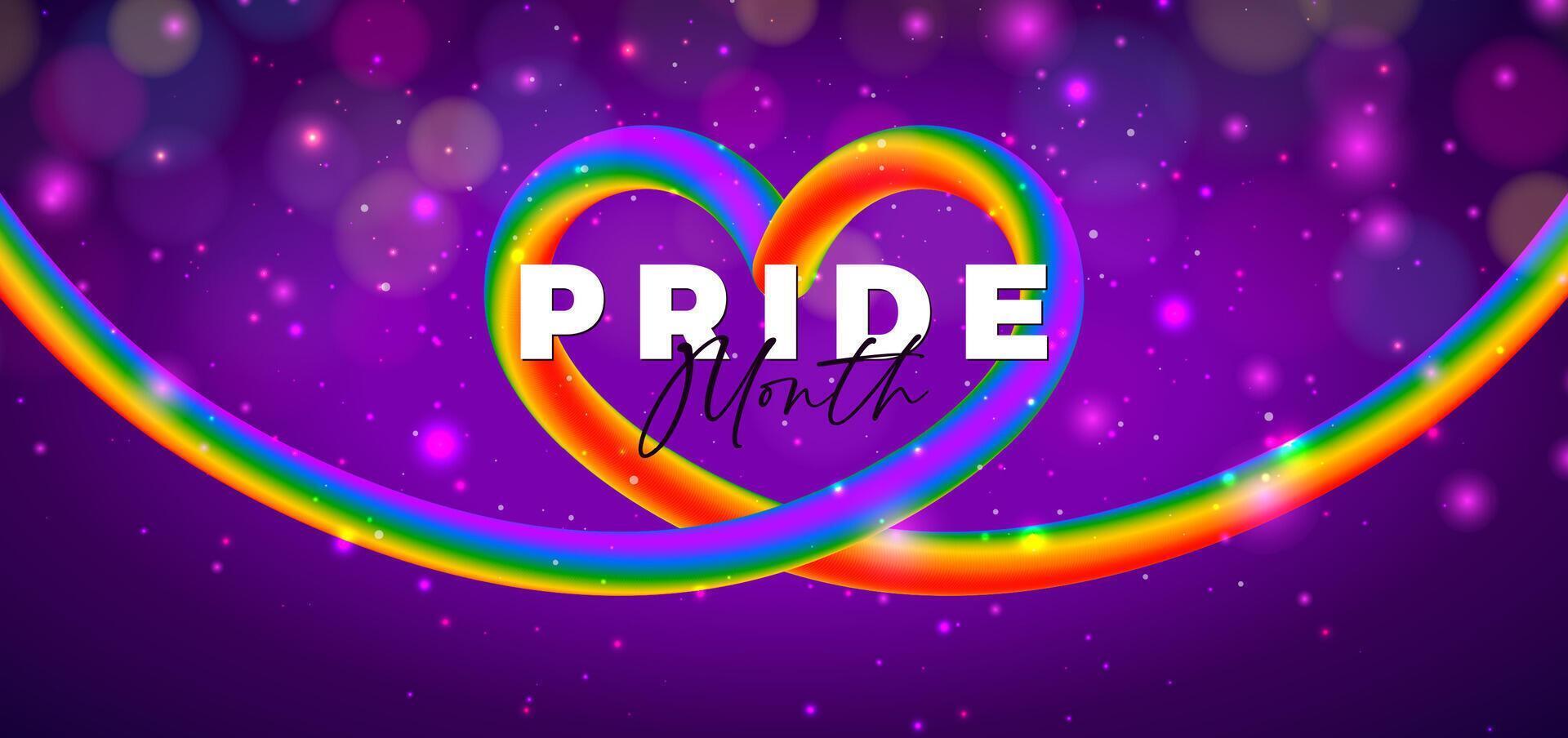 Happy Pride Month LGBTQ Banner Illustration with Rainbow Color Heart Symbol on Purple Background. June Love is Love Human Rights or Diversity Concept. LGBT Event Banner Design for Postcard vector