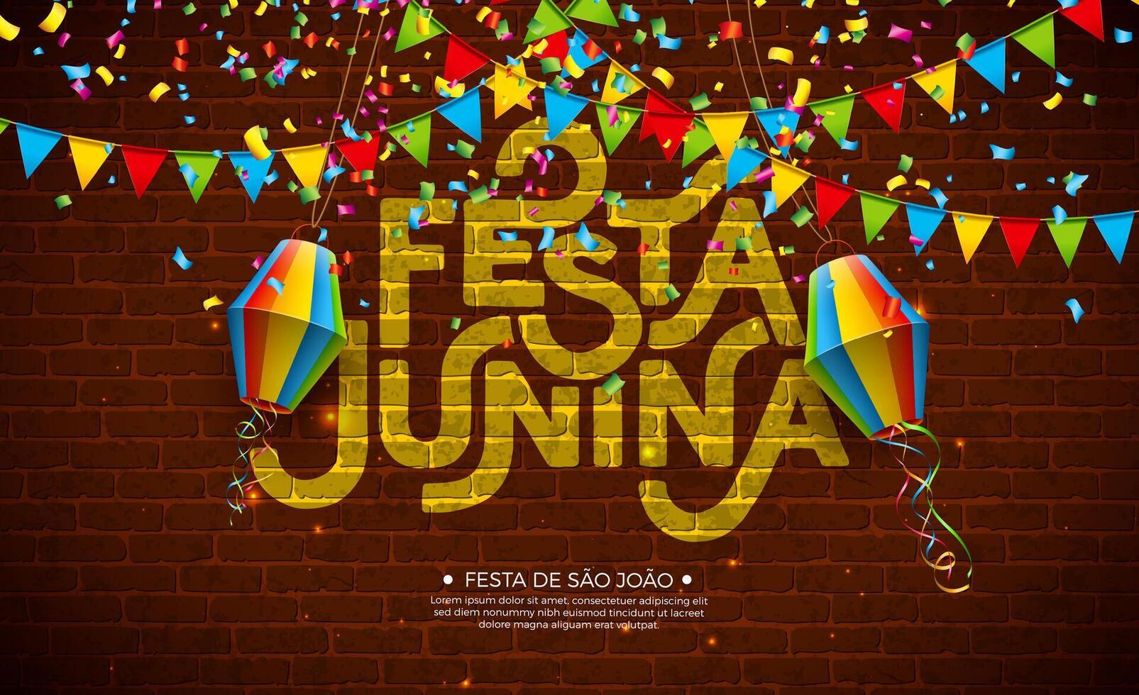 Festa Junina Banner Illustration with Party Flags, Paper Lantern and Typography Letter on Brick Wall Background. Brazil June Festival Design Template for Post Card, Greeting Card, Holiday vector