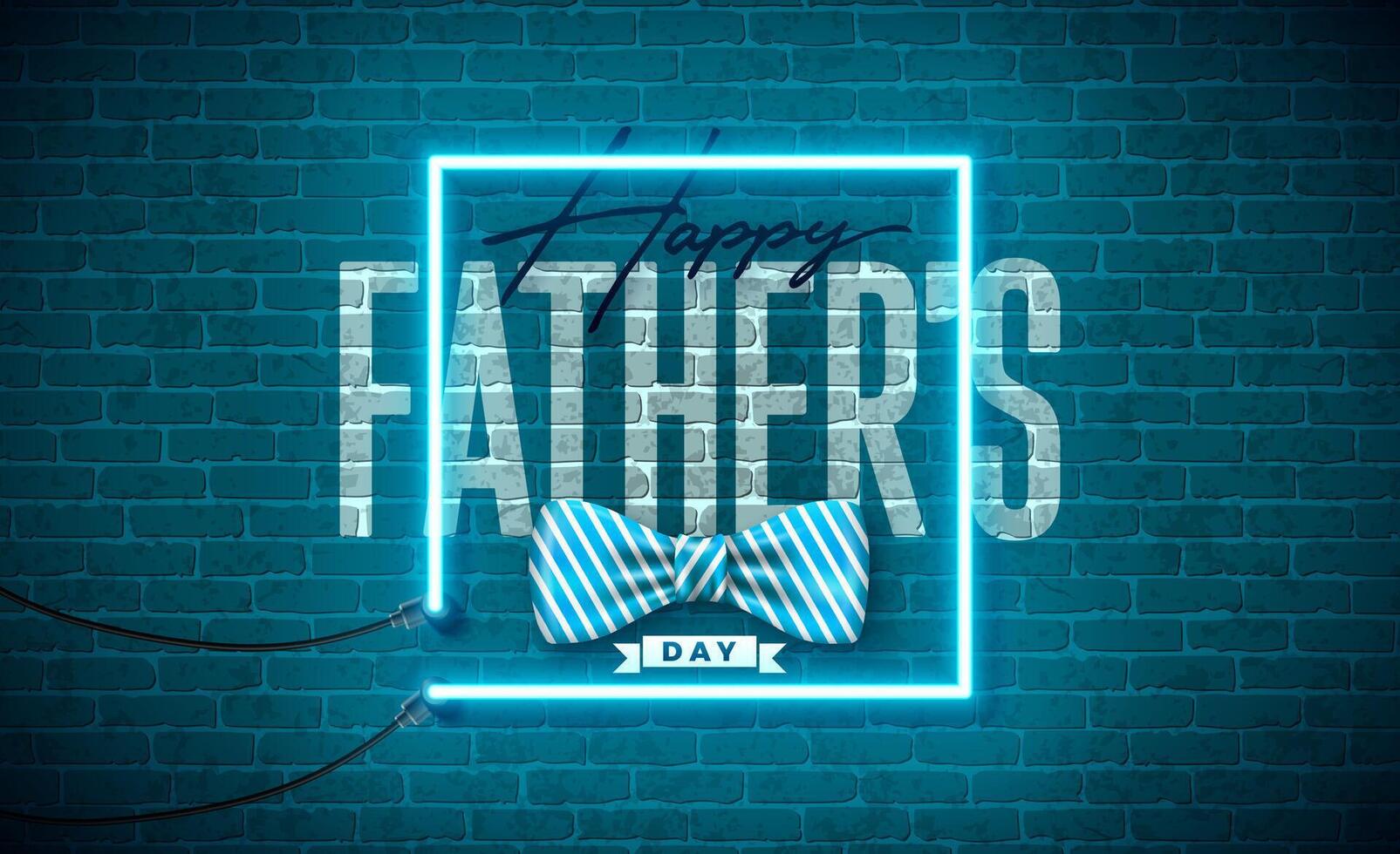 Happy Father's Day Greeting Card Design with Dotted Bow Tie and Glowing Neon Light Lettering on Brick Wall Background. Celebration Illustration for Loved and Best Dad. Template for Banner, Post vector