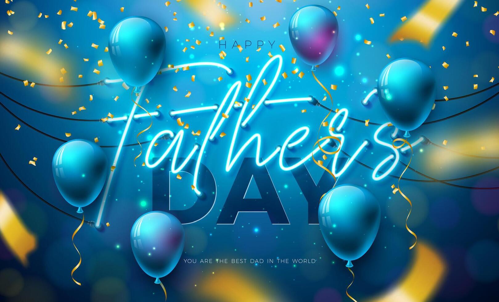 Happy Father's Day Greeting Card Design with Neon Light Lettering and Party Balloon on Shiny Blue Falling Confetti Background. Celebration Illustration for the Best Dad. Fathers Day Template vector