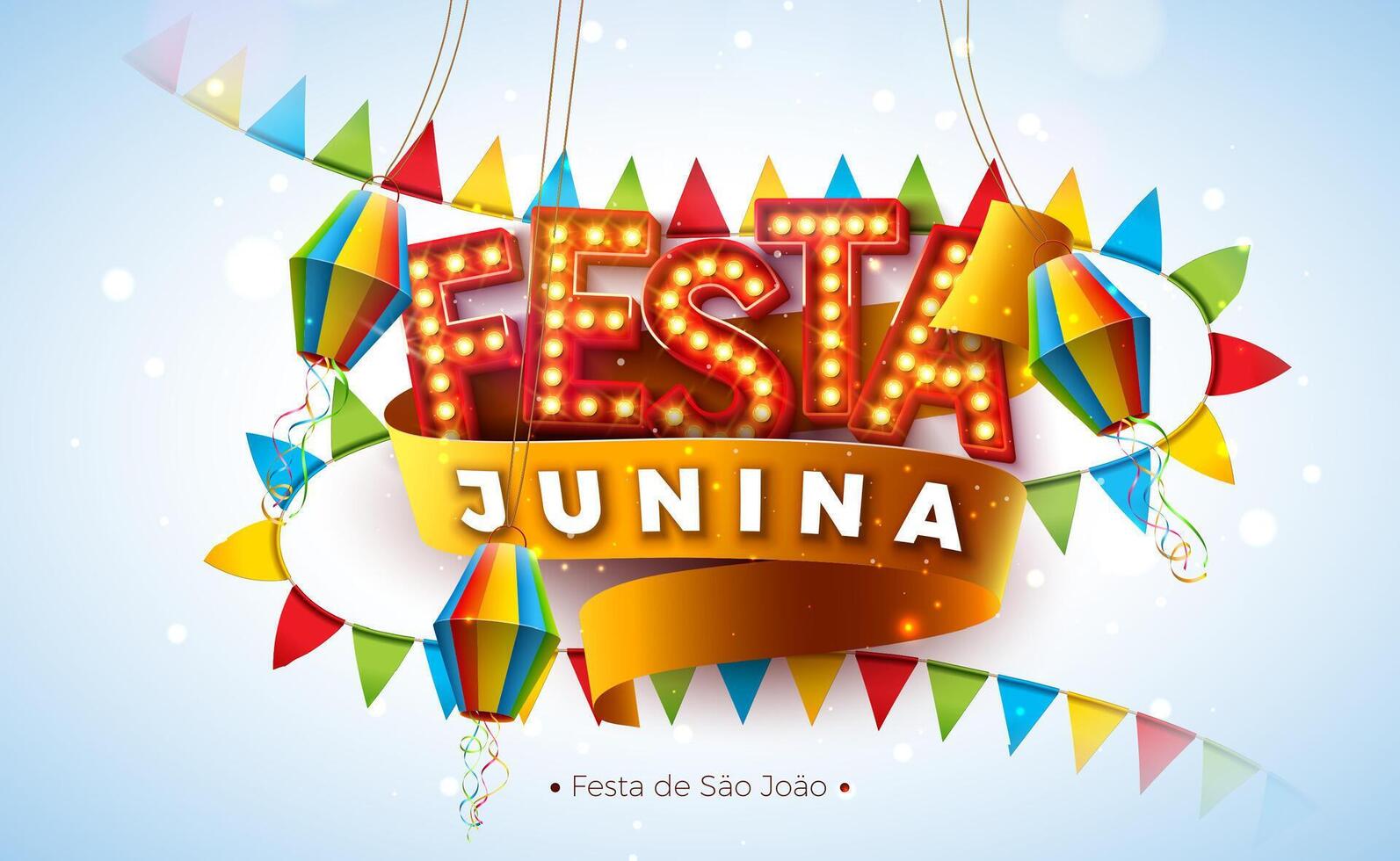 Festa Junina Illustration with Party Flags, Confetti and Light Bulb Billboard Letter on Yellow Background. Brazil Sao Joao June Festival Design for Greeting Card, Banner or Holiday Poster. vector